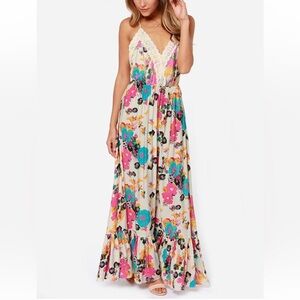Meghan LA Floral Summer Maxi Dress Strappy Backless Lace Trim Boho Size Small